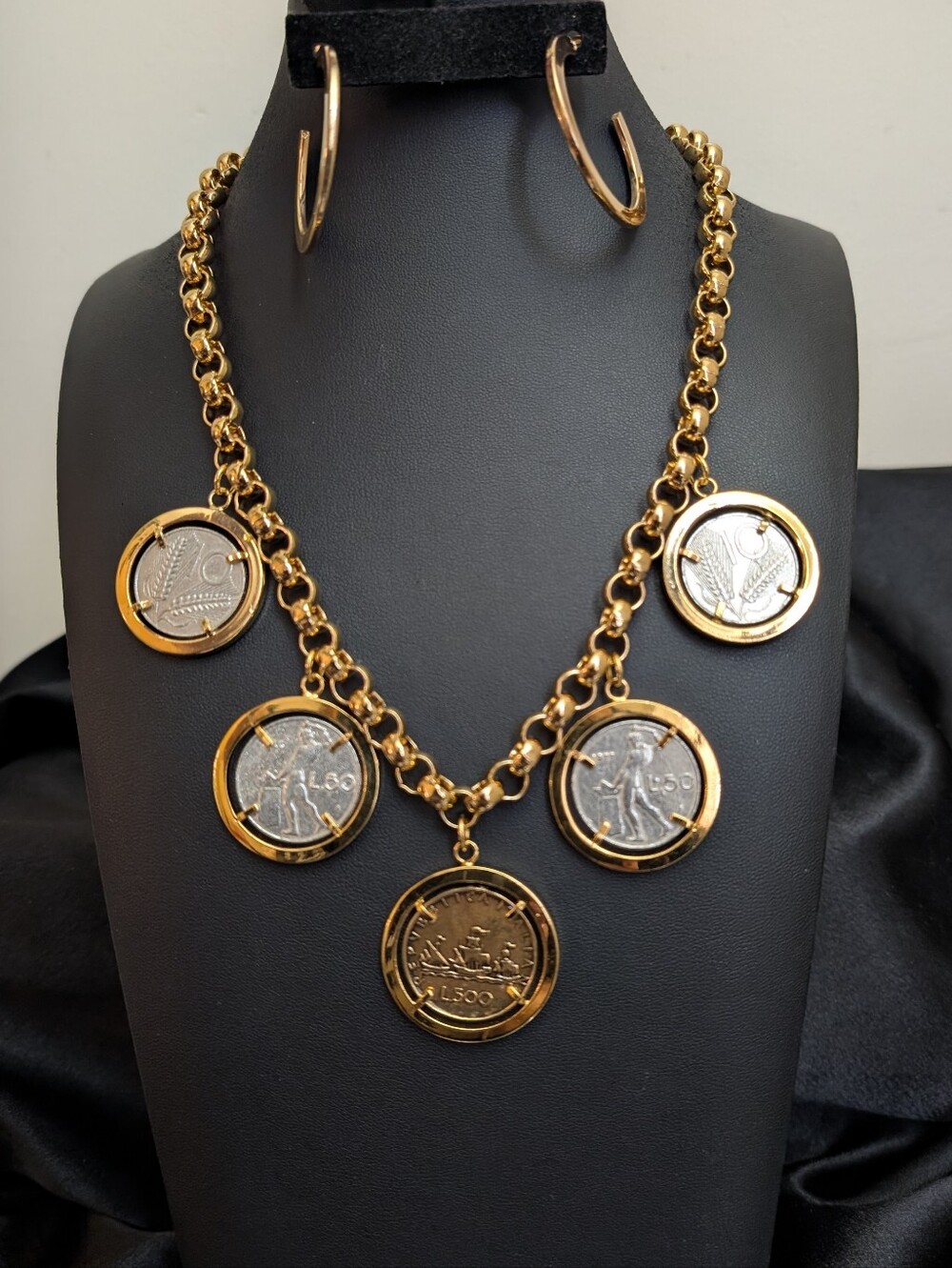 #27. Made in Italy Belezza Lire Coin Necklace Gold Plt St. Steel. w Earrings